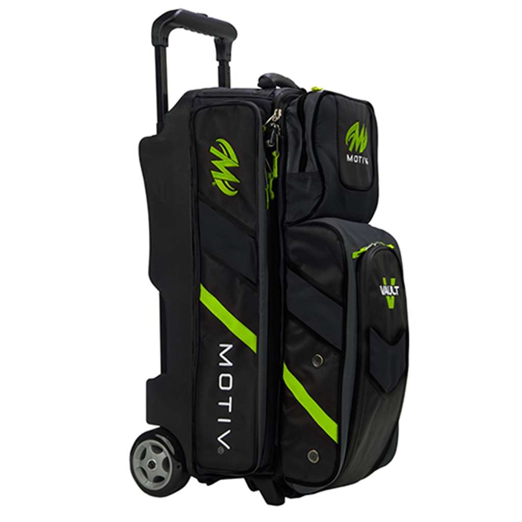 Motiv Ballistix 2 Ball Tote Bowling Bag w/ tow wheels/Shoulder Strap Black/Lime 