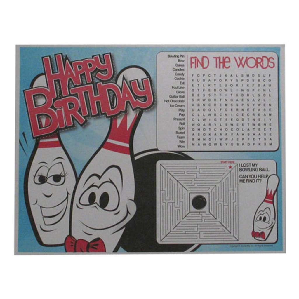 Bowling Birthday Party Placemats- Pack of 100